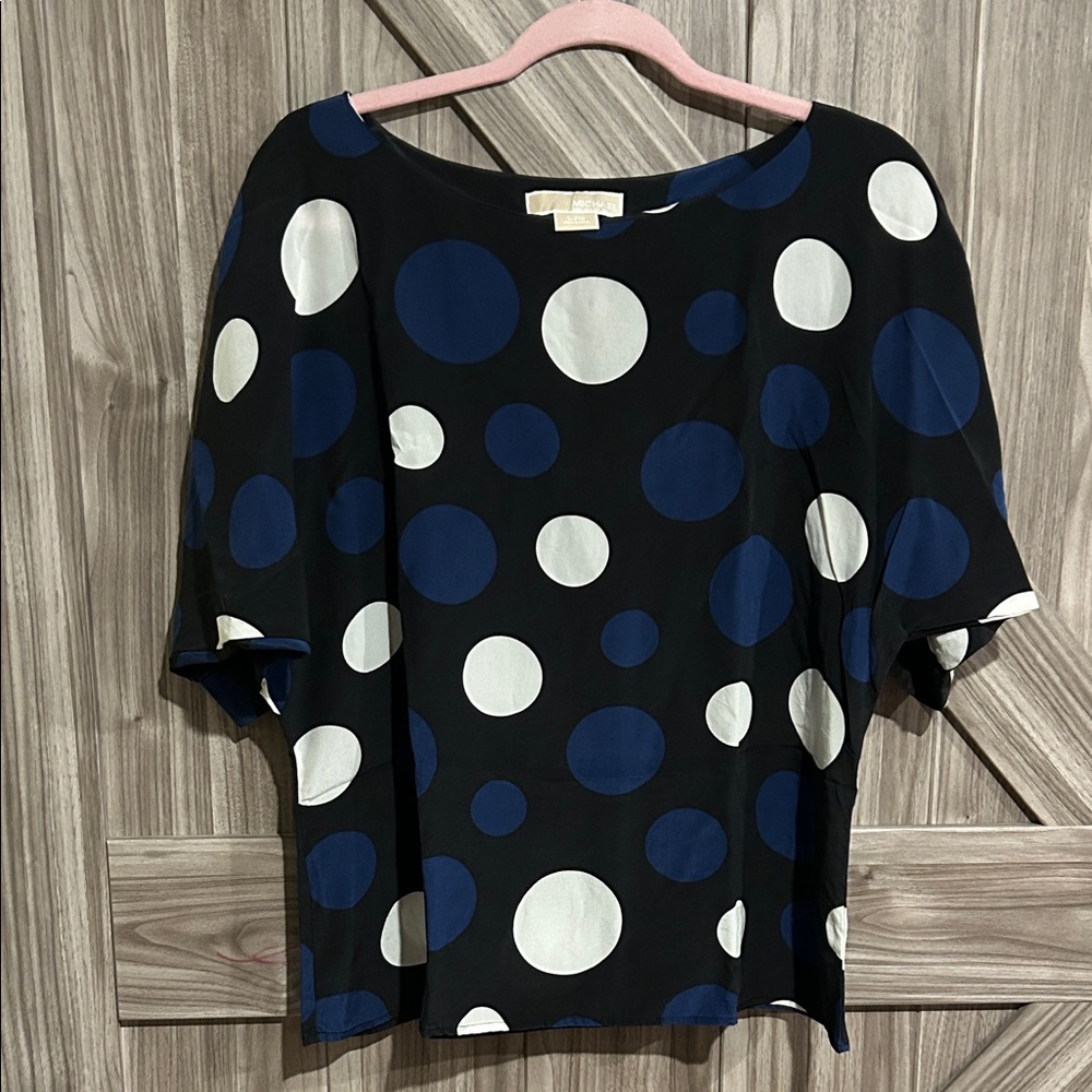 Michael Kors Black and 100% Silk Blue Polka Dot Blouse